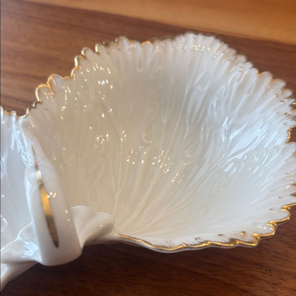 Lenox Double Leaf Leaves Cream Gold Candy Trinket Catch All Dish Made in USA - Picture 7 of 9